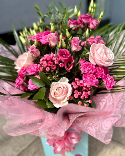 Roses & Ruffles - Pink Roses and Carnations make this gift timeless and classic